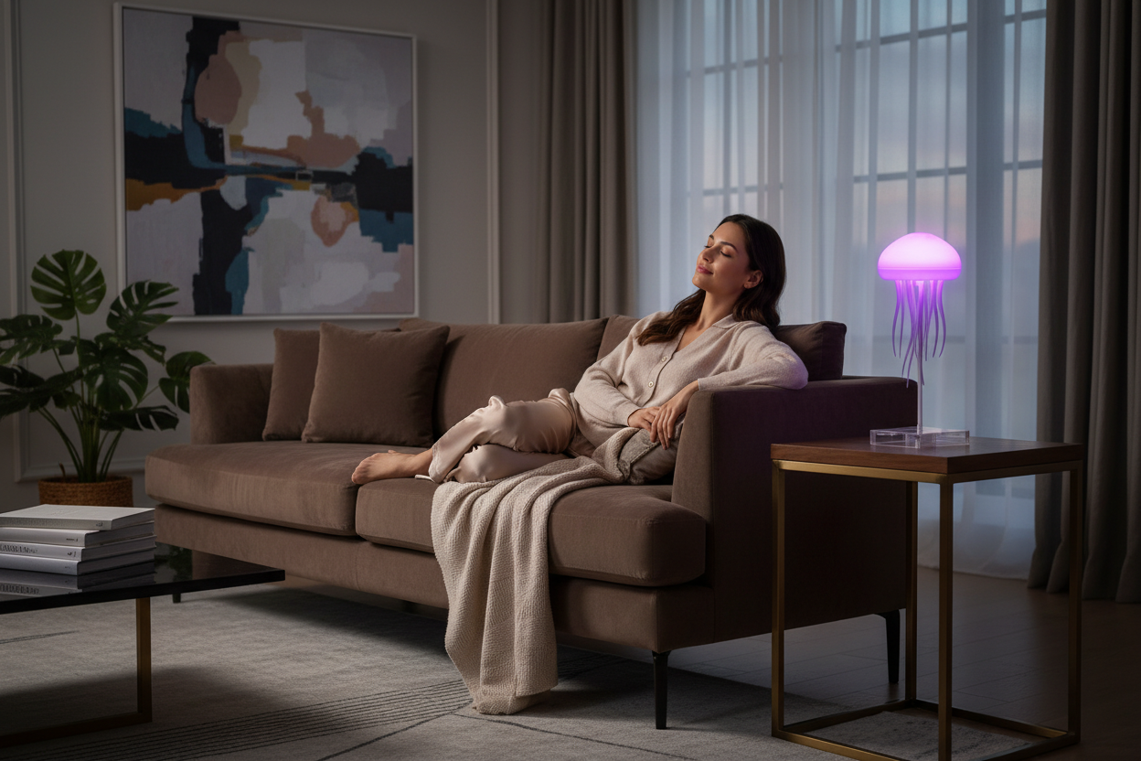 Mujer relajándose junto a la lámpara Aurelia Medusa con luz suave morada